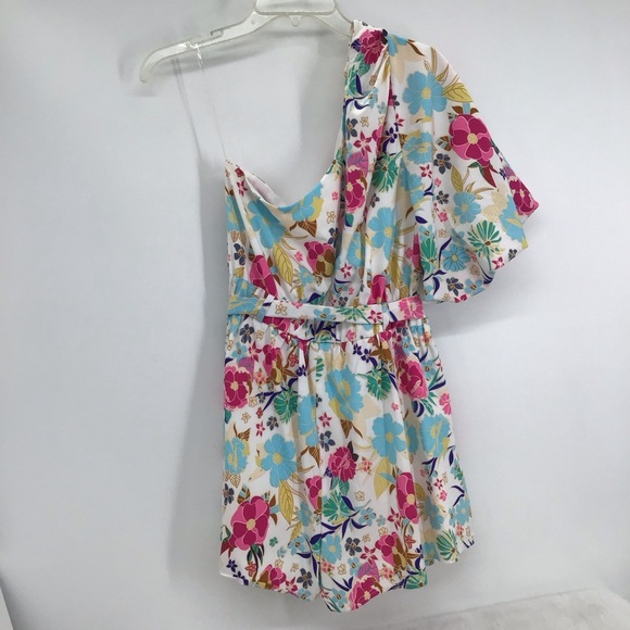 ENTRO Floral One Shoulder Bubble Sleeve Romper Summer Beach Casual Size L - Picture 3 of 8